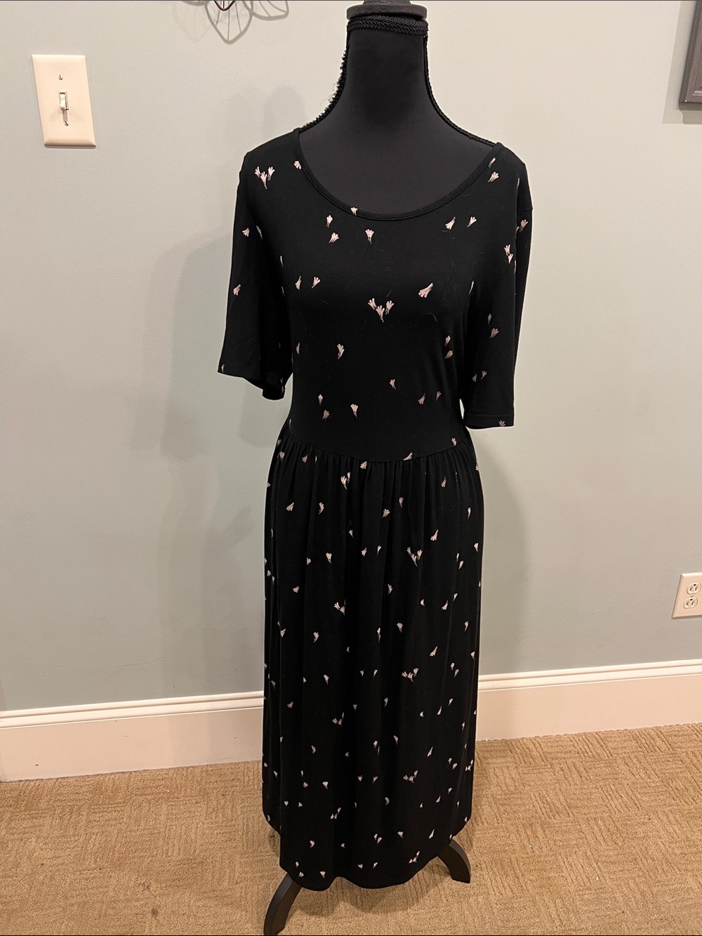 Black Maxi Dress with Soft Pink Sprig Print